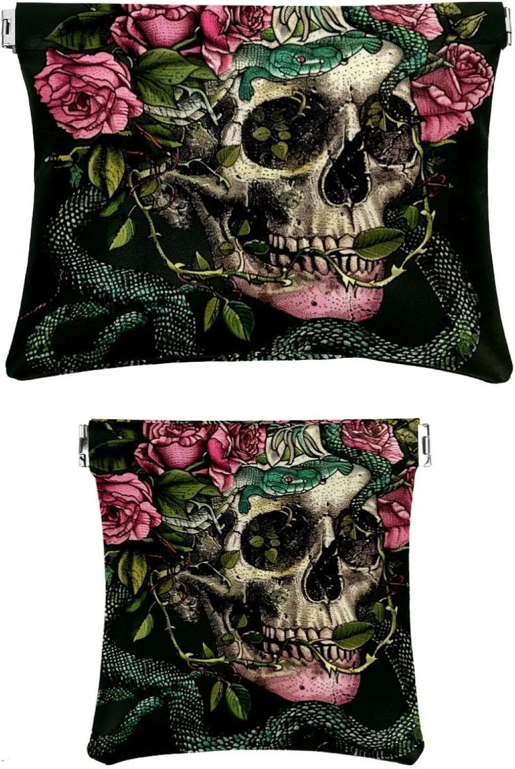 2 Piece Faux Leather Makeup Bag Set, Small Makeup Pouch Purse, Mini Portable Cosmetic Bags for Women, Multi-functional Shrapnel Storage Bag, Skull Flower Snake Halloween