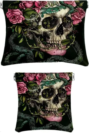 2 Piece Faux Leather Makeup Bag Set, Small Makeup Pouch Purse, Mini Portable Cosmetic Bags for Women, Multi-functional Shrapnel Storage Bag, Skull Flower Snake Halloween
