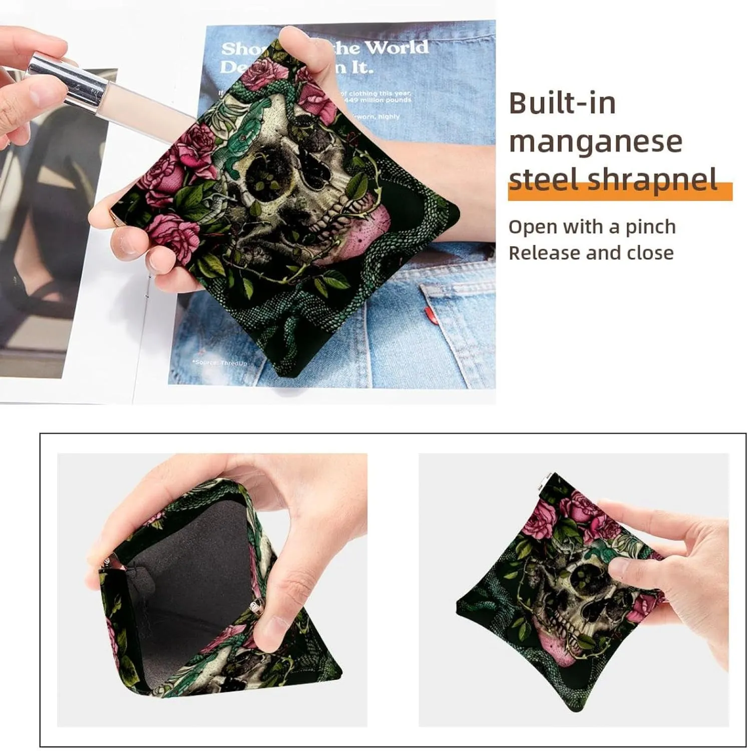 2 Piece Faux Leather Makeup Bag Set, Small Makeup Pouch Purse, Mini Portable Cosmetic Bags for Women, Multi-functional Shrapnel Storage Bag, Skull Flower Snake Halloween