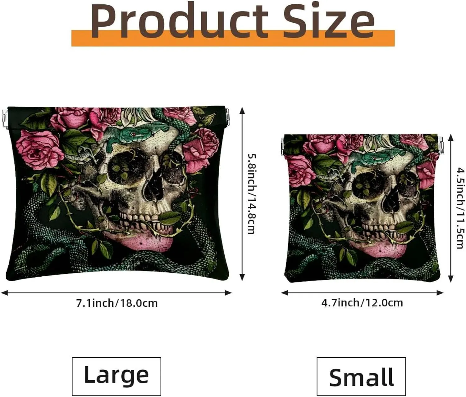 2 Piece Faux Leather Makeup Bag Set, Small Makeup Pouch Purse, Mini Portable Cosmetic Bags for Women, Multi-functional Shrapnel Storage Bag, Skull Flower Snake Halloween