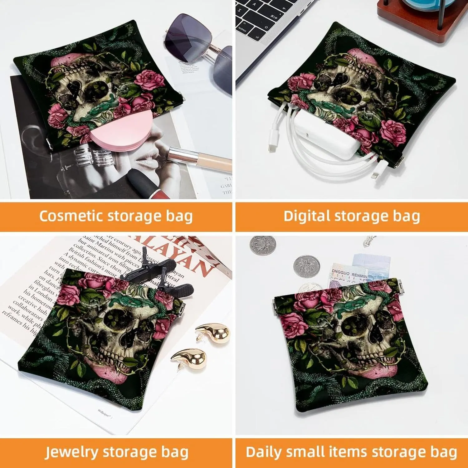 2 Piece Faux Leather Makeup Bag Set, Small Makeup Pouch Purse, Mini Portable Cosmetic Bags for Women, Multi-functional Shrapnel Storage Bag, Skull Flower Snake Halloween