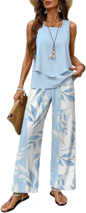 2 Piece Sets for Women Polka Dots Square Neck Tops Wide Leg Crop Pants Vacation Summer Travel Outfits