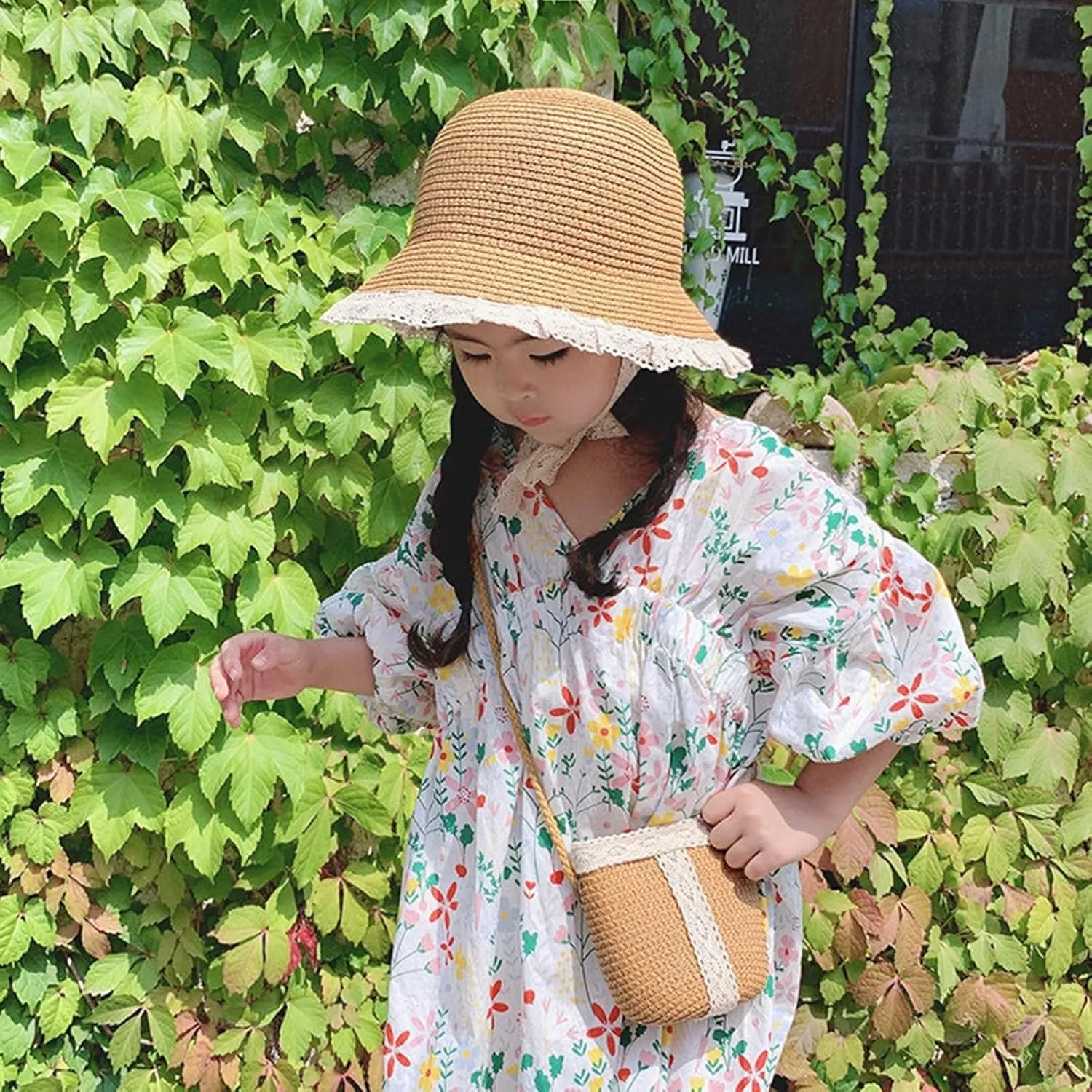2pcs Girls Sun Hat with Shoulder Bag Set Large Brim Beach Straw Hat Purse UPF50  Cute Lace Travel Party Summer Cap