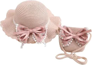 2pcs Girls Sun Hat with Shoulder Bag Set Large Brim Beach Straw Hat Purse UPF50  Cute Lace Travel Party Summer Cap