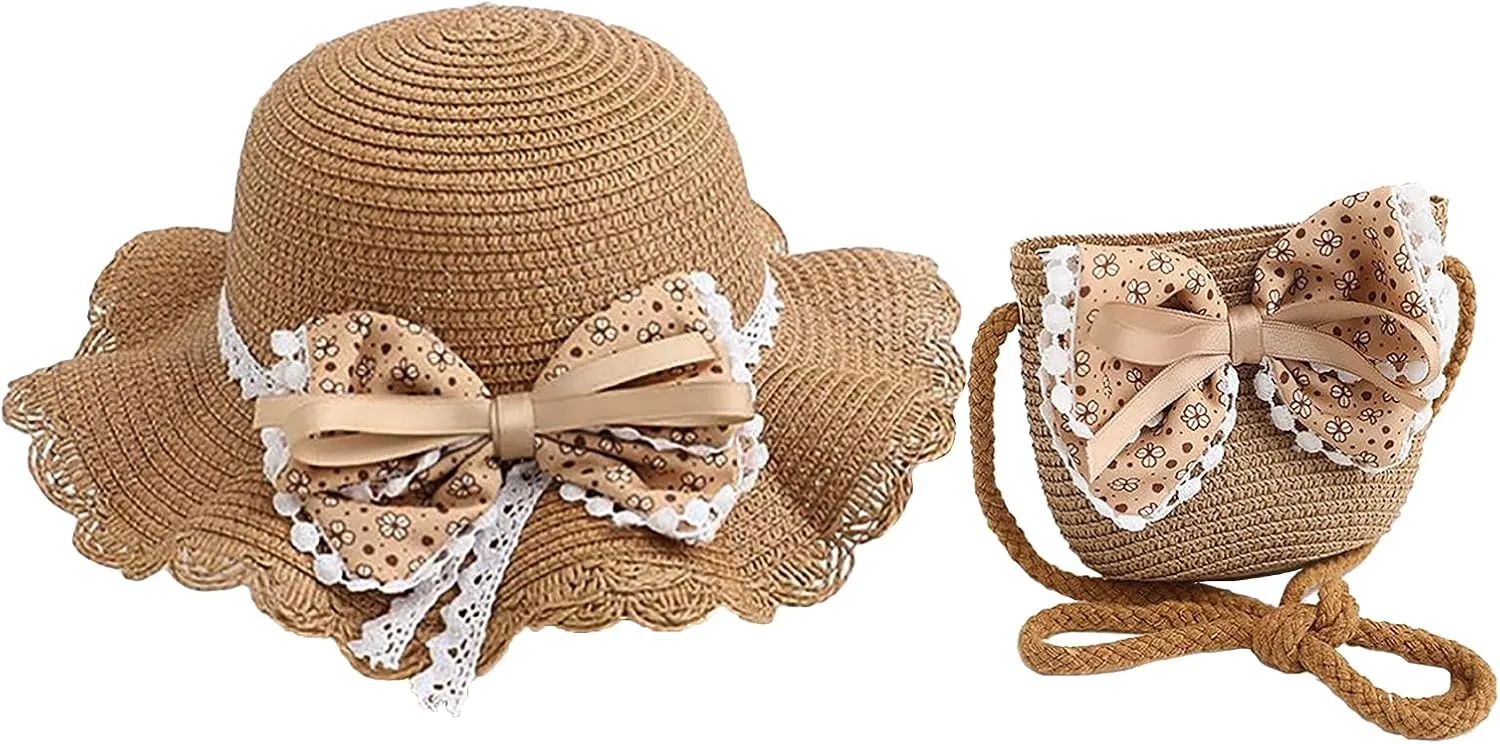 2pcs Girls Sun Hat with Shoulder Bag Set Large Brim Beach Straw Hat Purse UPF50  Cute Lace Travel Party Summer Cap