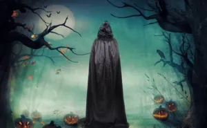 4 Pcs Unisex Halloween Hooded Cloak Set, Scythe, Skull Mask, and Skeleton Gloves, Men and Womens Halloween Cosplay