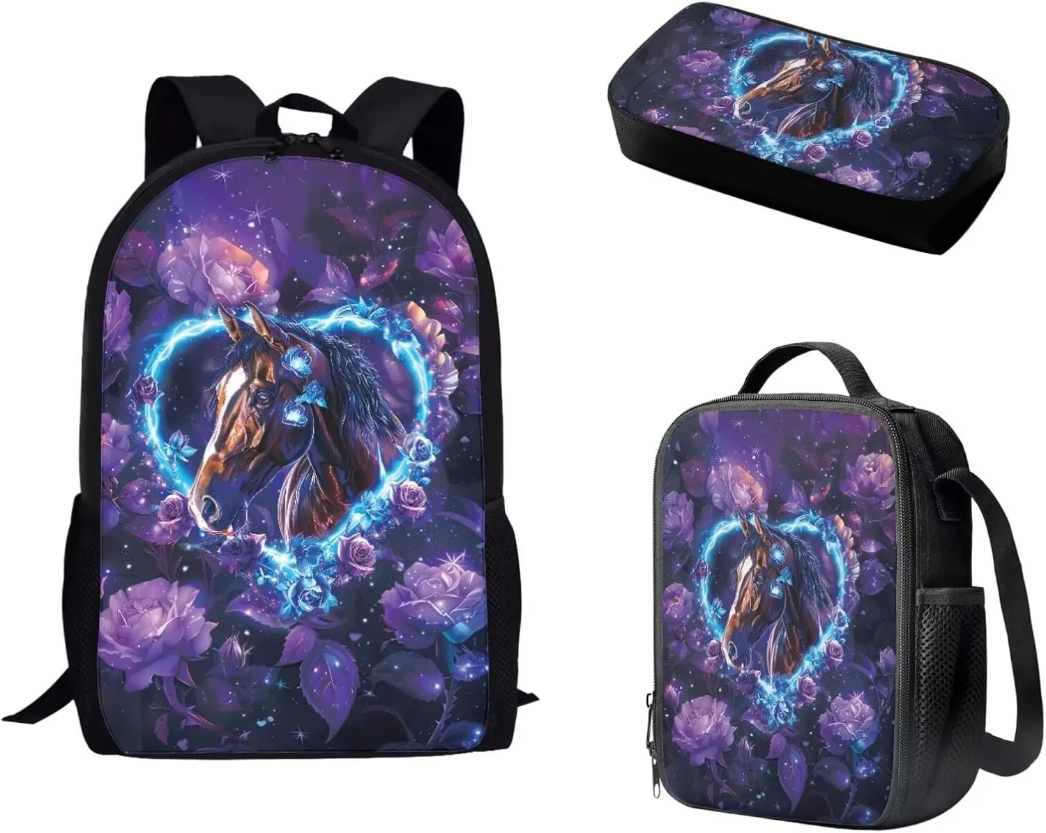 AFPANQZ Horse Heart Print School Backpack Rucksack Mulit Functional Daypack   Cooler Lunch Bags Insulated Heat Lunch Box   Pencil Case Back to School Supplies 3 Pack