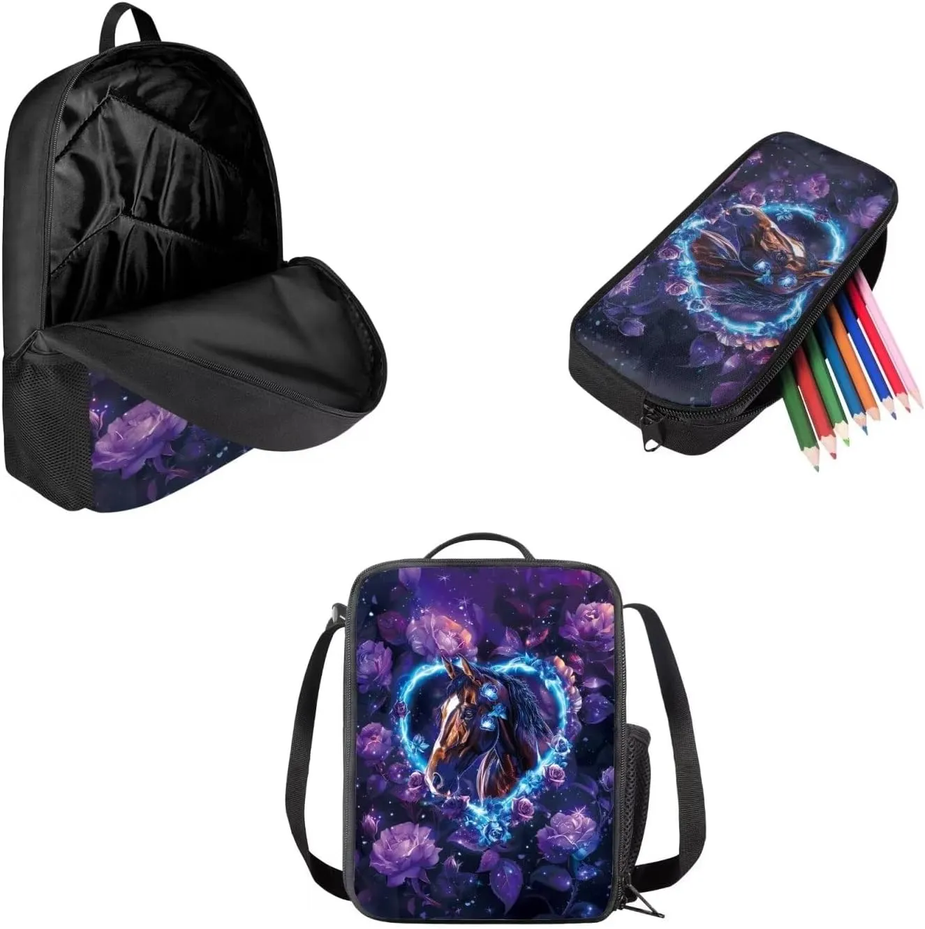 AFPANQZ Horse Heart Print School Backpack Rucksack Mulit Functional Daypack   Cooler Lunch Bags Insulated Heat Lunch Box   Pencil Case Back to School Supplies 3 Pack