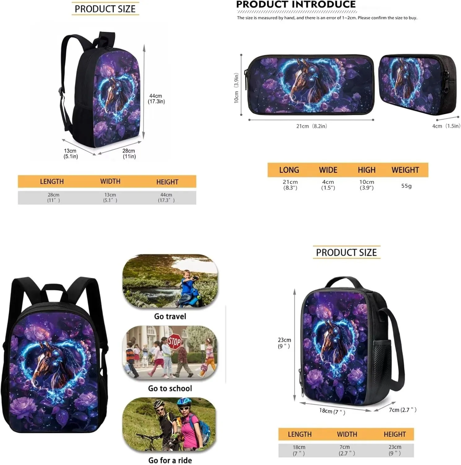 AFPANQZ Horse Heart Print School Backpack Rucksack Mulit Functional Daypack   Cooler Lunch Bags Insulated Heat Lunch Box   Pencil Case Back to School Supplies 3 Pack
