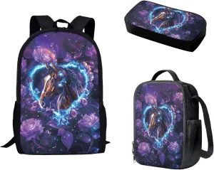 AFPANQZ Horse Heart Print School Backpack Rucksack Mulit Functional Daypack   Cooler Lunch Bags Insulated Heat Lunch Box   Pencil Case Back to School Supplies 3 Pack