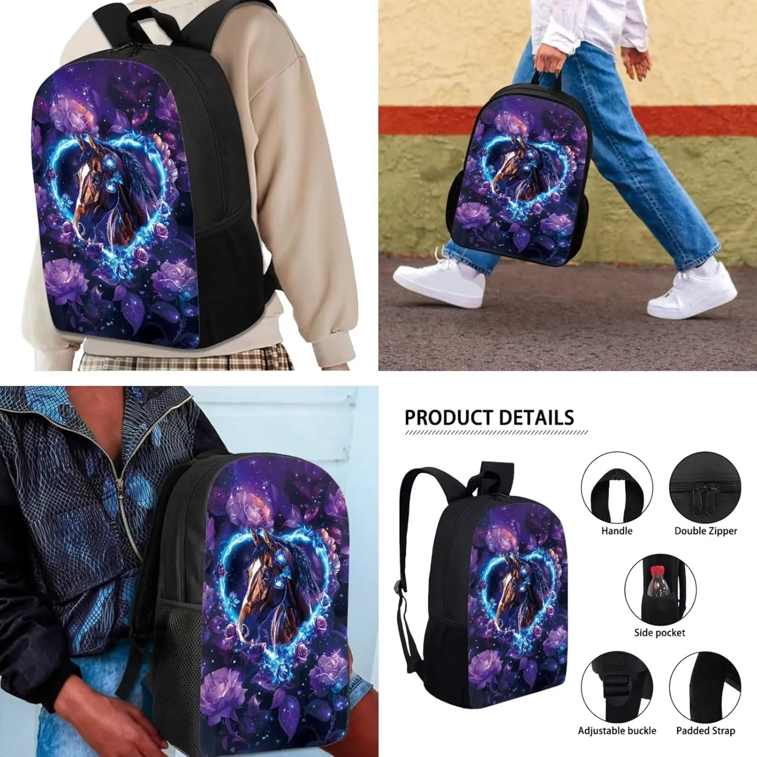 AFPANQZ Horse Heart Print School Backpack Rucksack Mulit Functional Daypack   Cooler Lunch Bags Insulated Heat Lunch Box   Pencil Case Back to School Supplies 3 Pack
