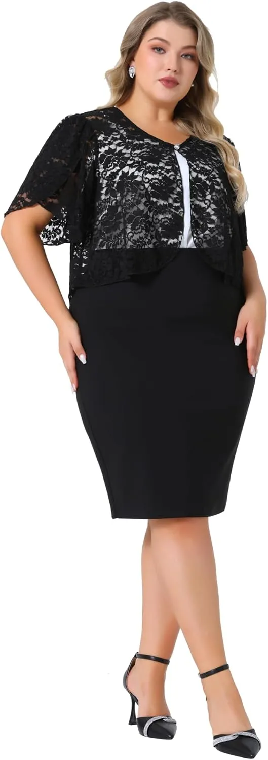 Agnes Orinda Plus Size Women's Bolero Shrugs Floral Lace Tops Elegant Sheer Open Front Short Sleeve Cardigans