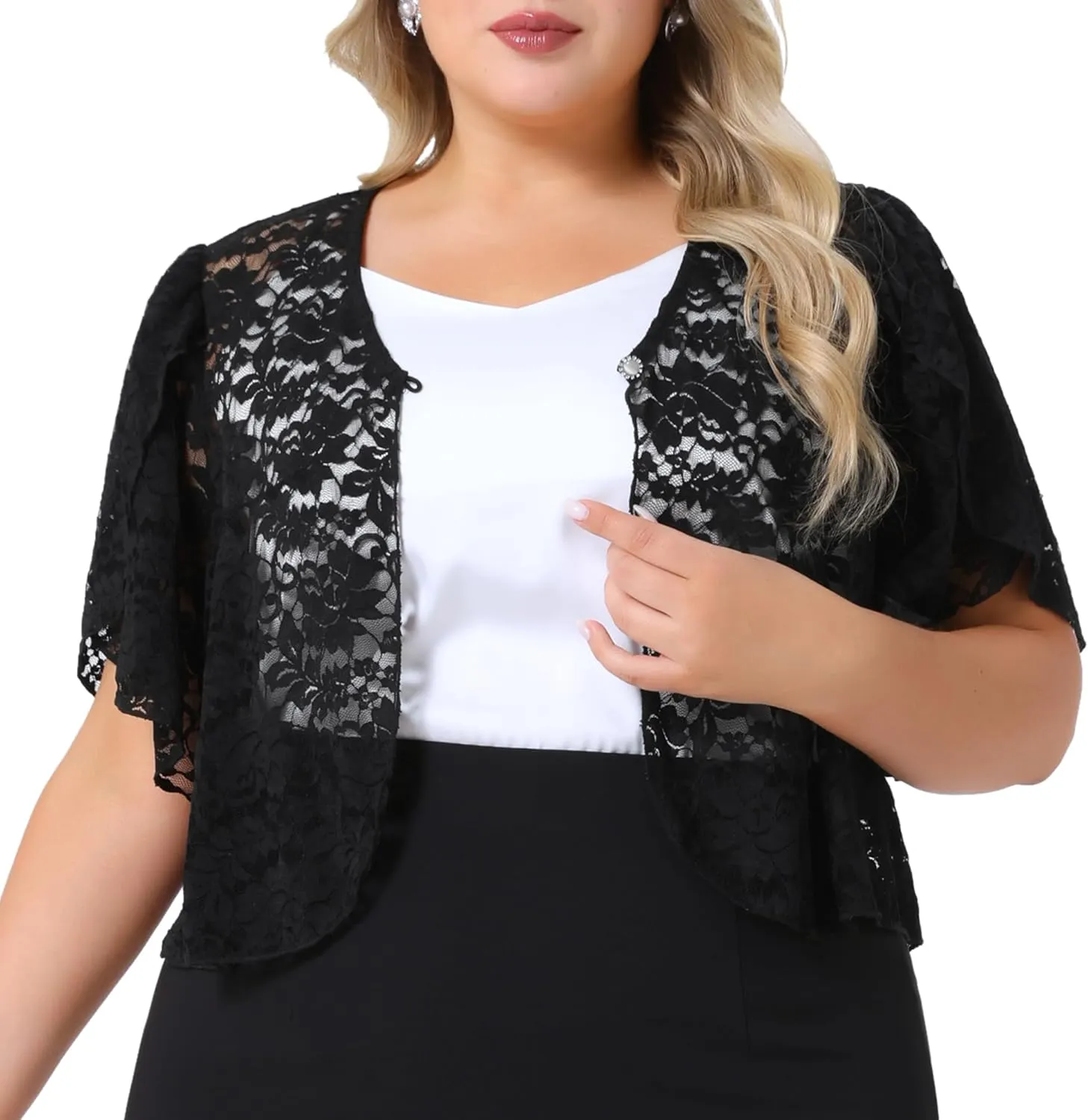 Agnes Orinda Plus Size Women's Bolero Shrugs Floral Lace Tops Elegant Sheer Open Front Short Sleeve Cardigans