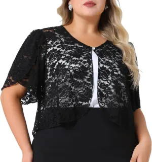 Agnes Orinda Plus Size Women's Bolero Shrugs Floral Lace Tops Elegant Sheer Open Front Short Sleeve Cardigans