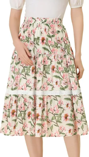 Allegra K Floral Skirt for Women's Tropical Lace Insert Elastic Drawstring Midi Tiered Vintage Skirts