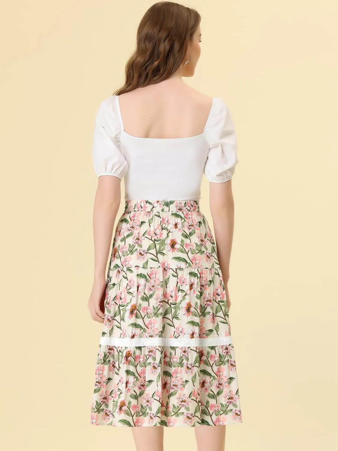 Allegra K Floral Skirt for Women's Tropical Lace Insert Elastic Drawstring Midi Tiered Vintage Skirts