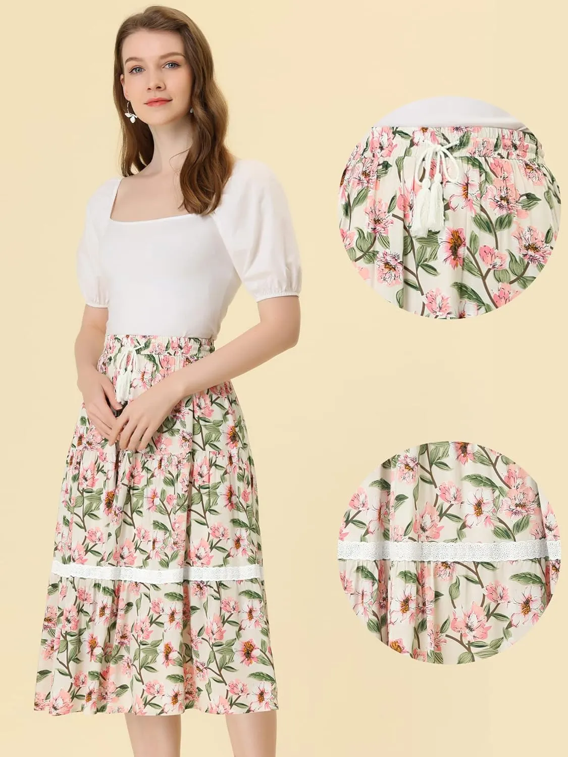 Allegra K Floral Skirt for Women's Tropical Lace Insert Elastic Drawstring Midi Tiered Vintage Skirts