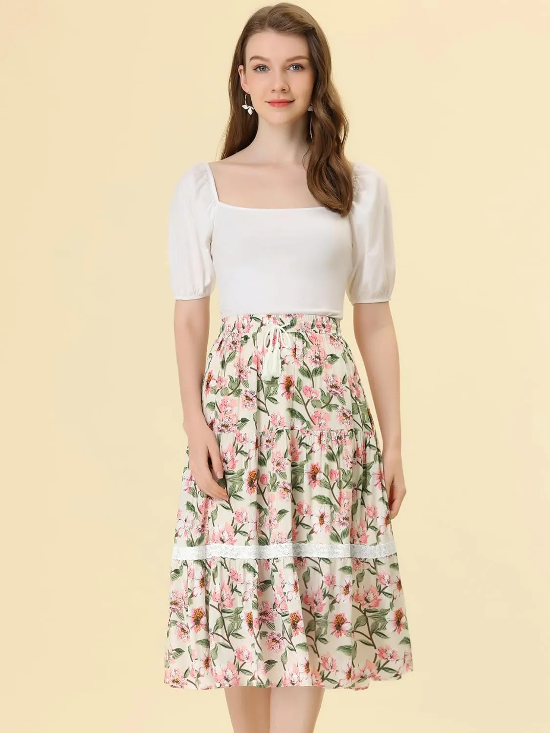 Allegra K Floral Skirt for Women's Tropical Lace Insert Elastic Drawstring Midi Tiered Vintage Skirts