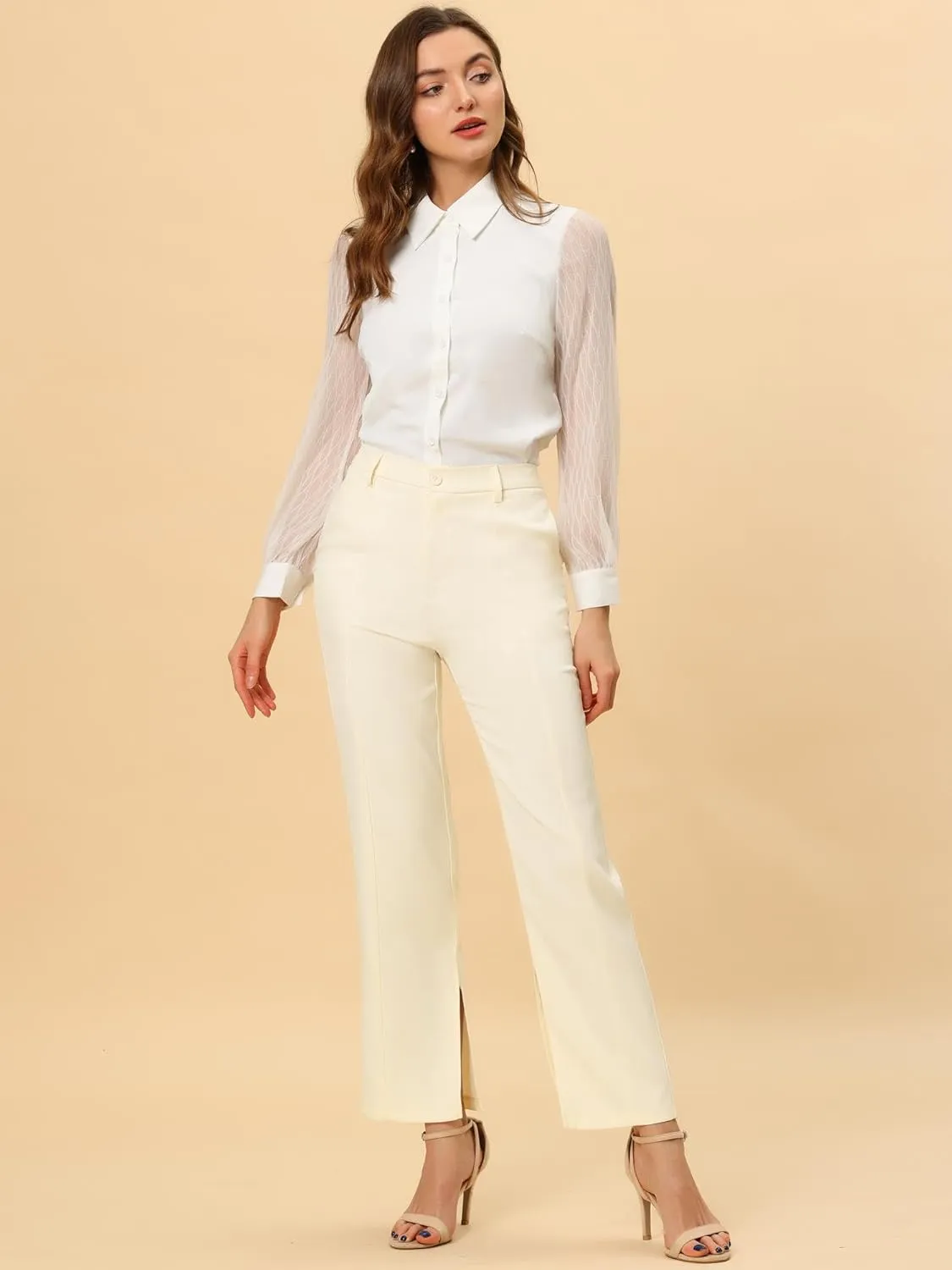 Allegra K Women's High Waist Straight Leg Trousers Slit Hem Stretch Work Pants
