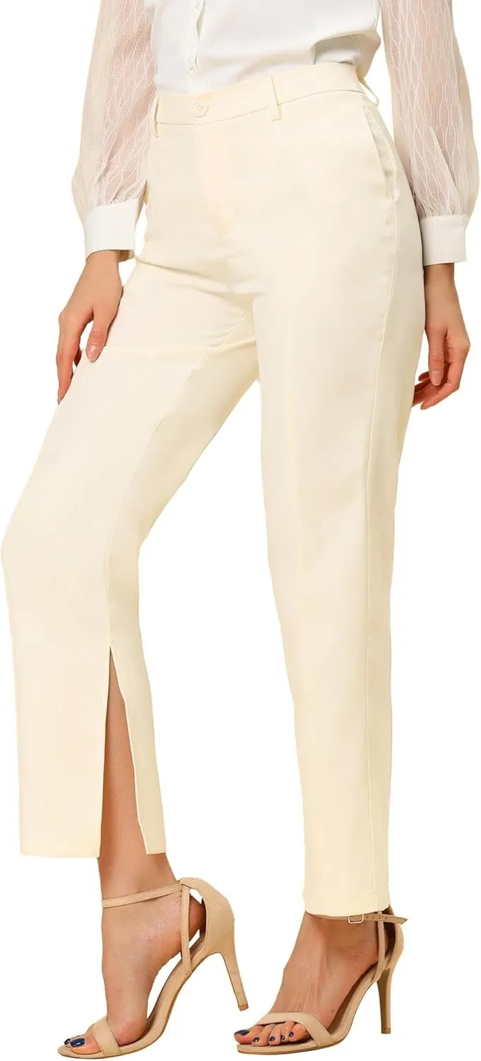 Allegra K Women's High Waist Straight Leg Trousers Slit Hem Stretch Work Pants