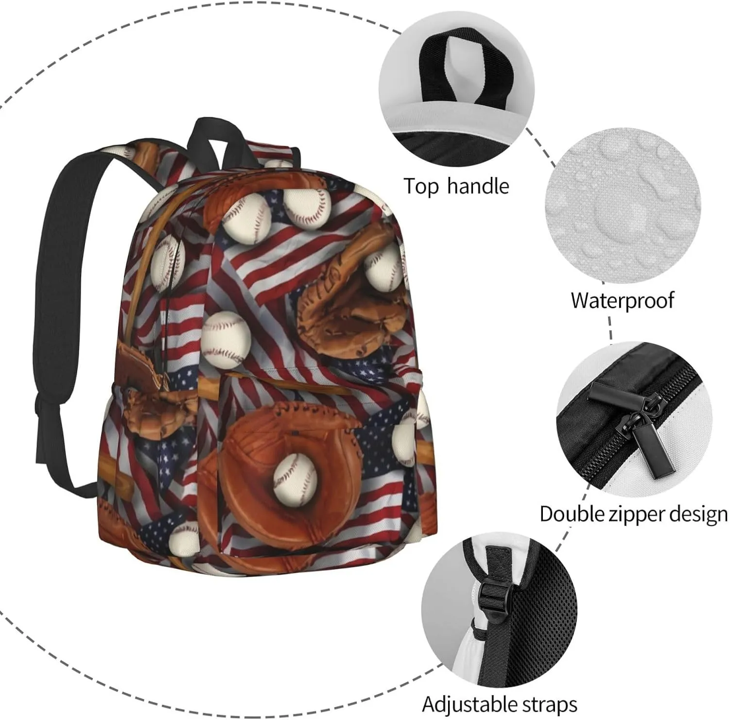 American Baseball Gloves And Flags Unisex Backpacks 15in Laptop Backpack Multipurpose Double Shoulder Bag For Men Women Gifts