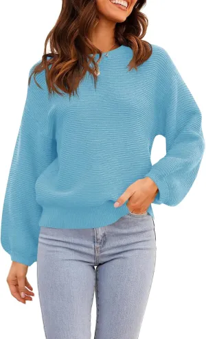 ARTFREE Womens Ribbed Knit Crewneck Sweater Lantern Sleeve Casual Loose Stretchy Solid Fall Winter Sweaters Pullover Tops