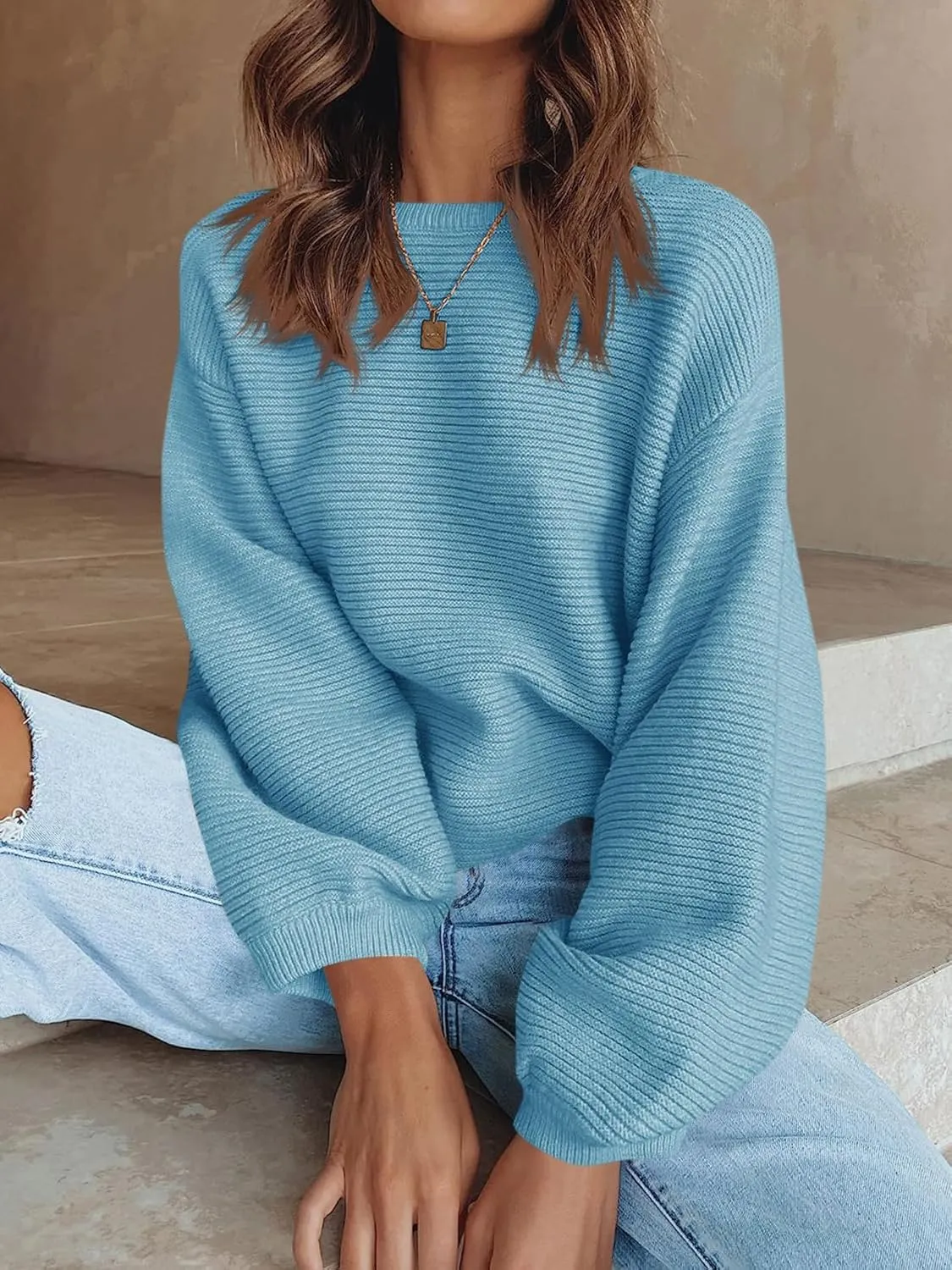 ARTFREE Womens Ribbed Knit Crewneck Sweater Lantern Sleeve Casual Loose Stretchy Solid Fall Winter Sweaters Pullover Tops