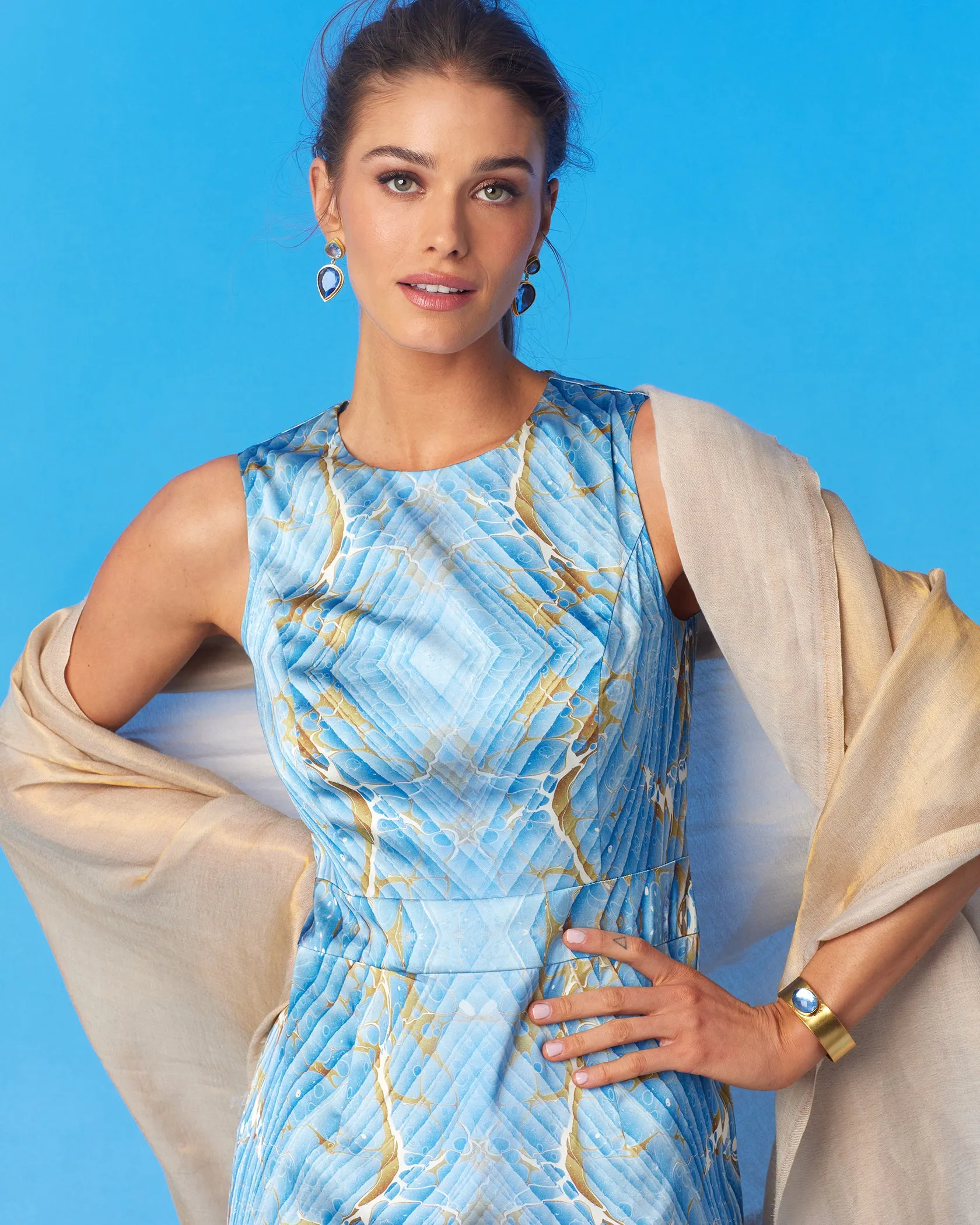 Astrid Sheath Dress in Sky Blue Marble