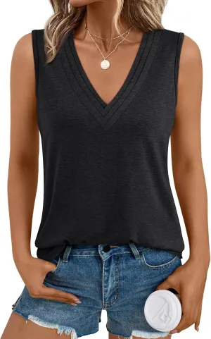 AUTOMET V Neck Tank Tops Womens Casual Sleeveless Flowy Vacation Summer Shirts