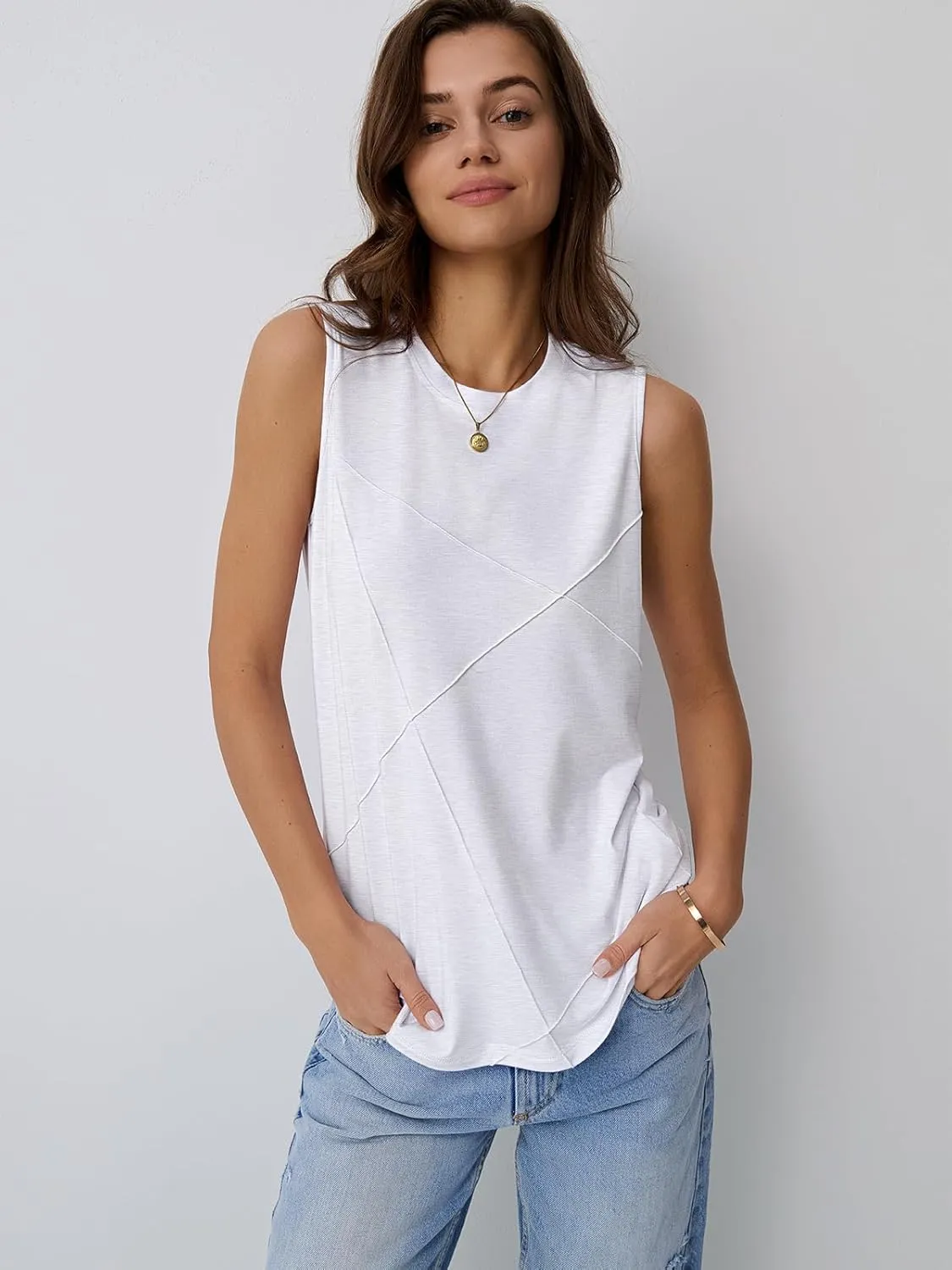 AUTOMET Womens Tank Tops Sleeveless Loose Fit Summer Shirts with Textured Line Details