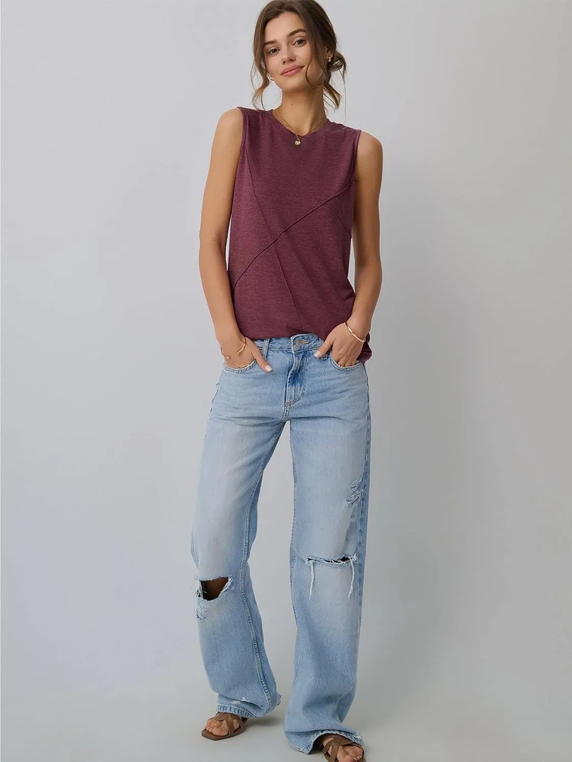 AUTOMET Womens Tank Tops Sleeveless Loose Fit Summer Shirts with Textured Line Details