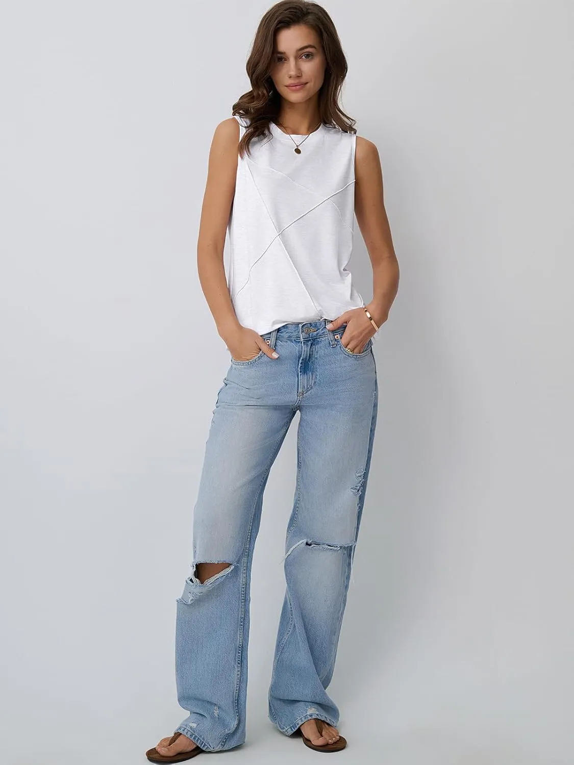 AUTOMET Womens Tank Tops Sleeveless Loose Fit Summer Shirts with Textured Line Details