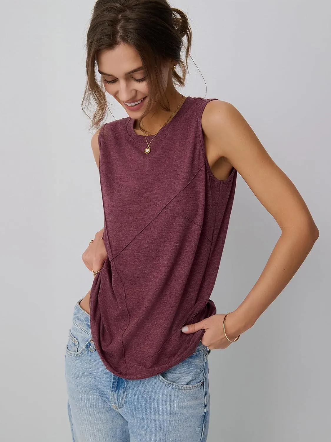 AUTOMET Womens Tank Tops Sleeveless Loose Fit Summer Shirts with Textured Line Details