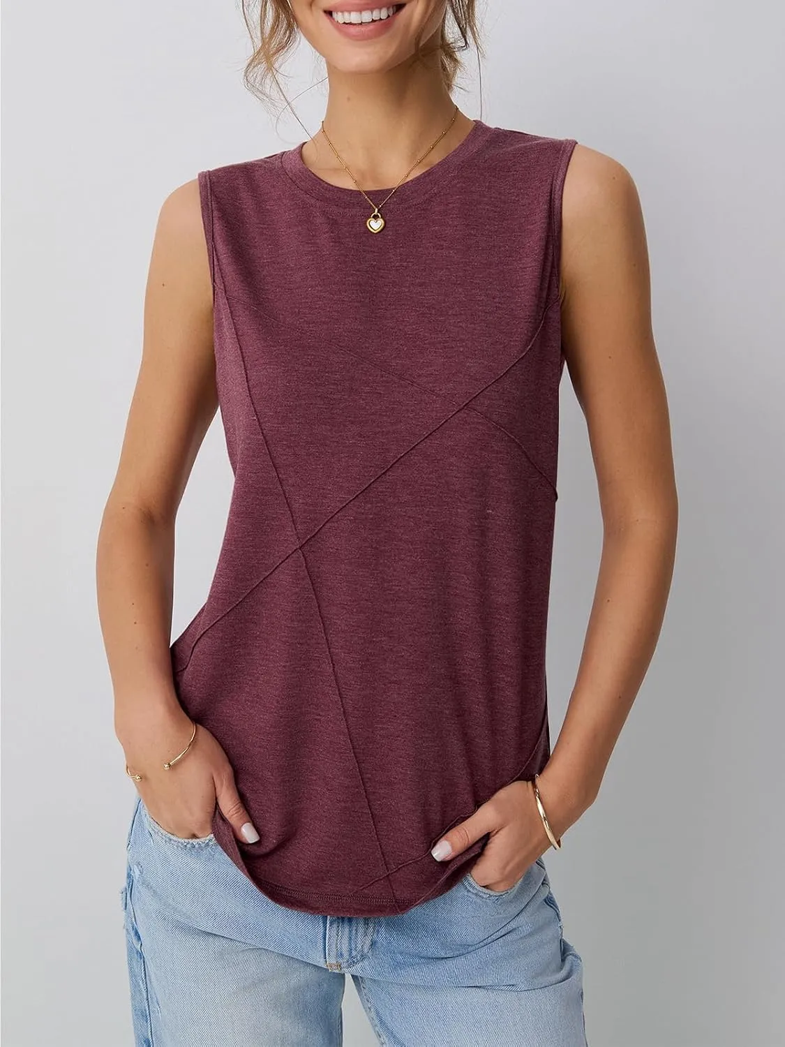 AUTOMET Womens Tank Tops Sleeveless Loose Fit Summer Shirts with Textured Line Details