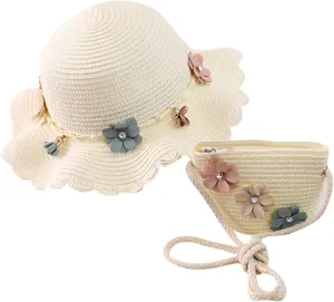 Baby Girl Flower Stra Sun Hat Summer Beach Hats with Flowers Bag Girls UPF 50  U Protction Bucket