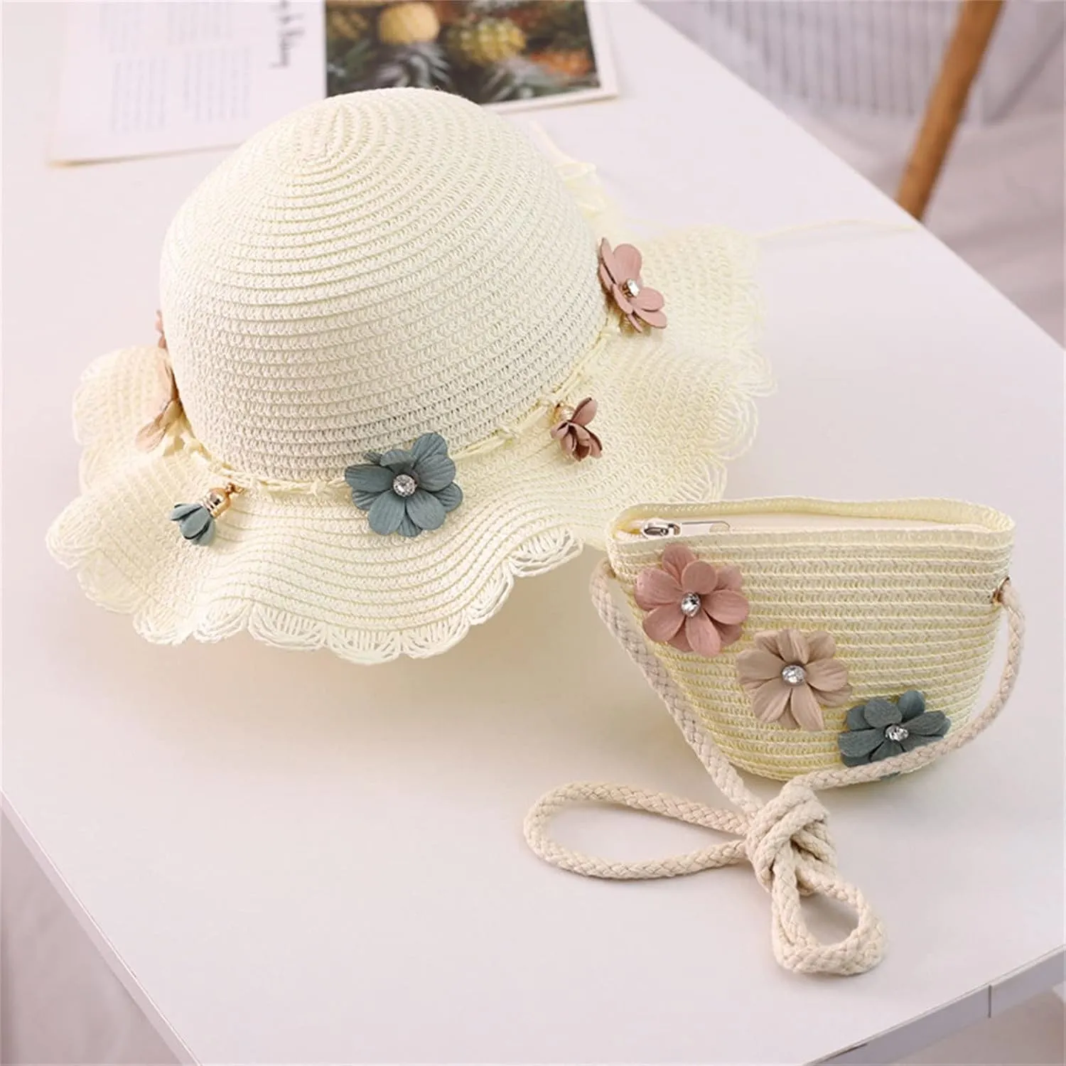 Baby Girl Flower Stra Sun Hat Summer Beach Hats with Flowers Bag Girls UPF 50  U Protction Bucket