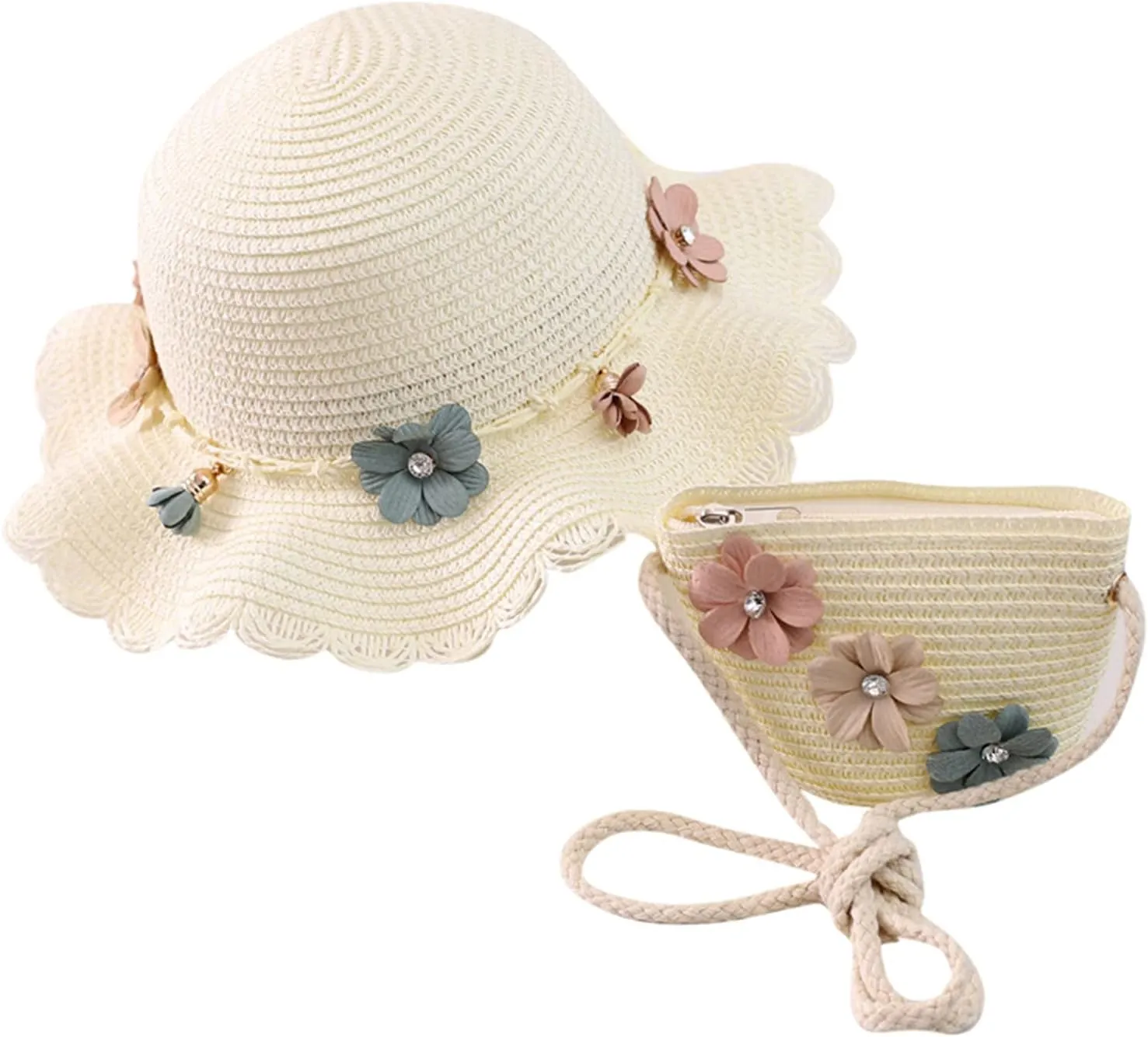 Baby Girl Flower Stra Sun Hat Summer Beach Hats with Flowers Bag Girls UPF 50  U Protction Bucket