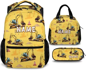 Backpack for Kids School - Set of 3 Personalized Digger Backpacks tor Schoolbag for Boys Kindergarten Elementary Primary Middle College - 17 Inch Custom Large Capacity Excavator Bookbag