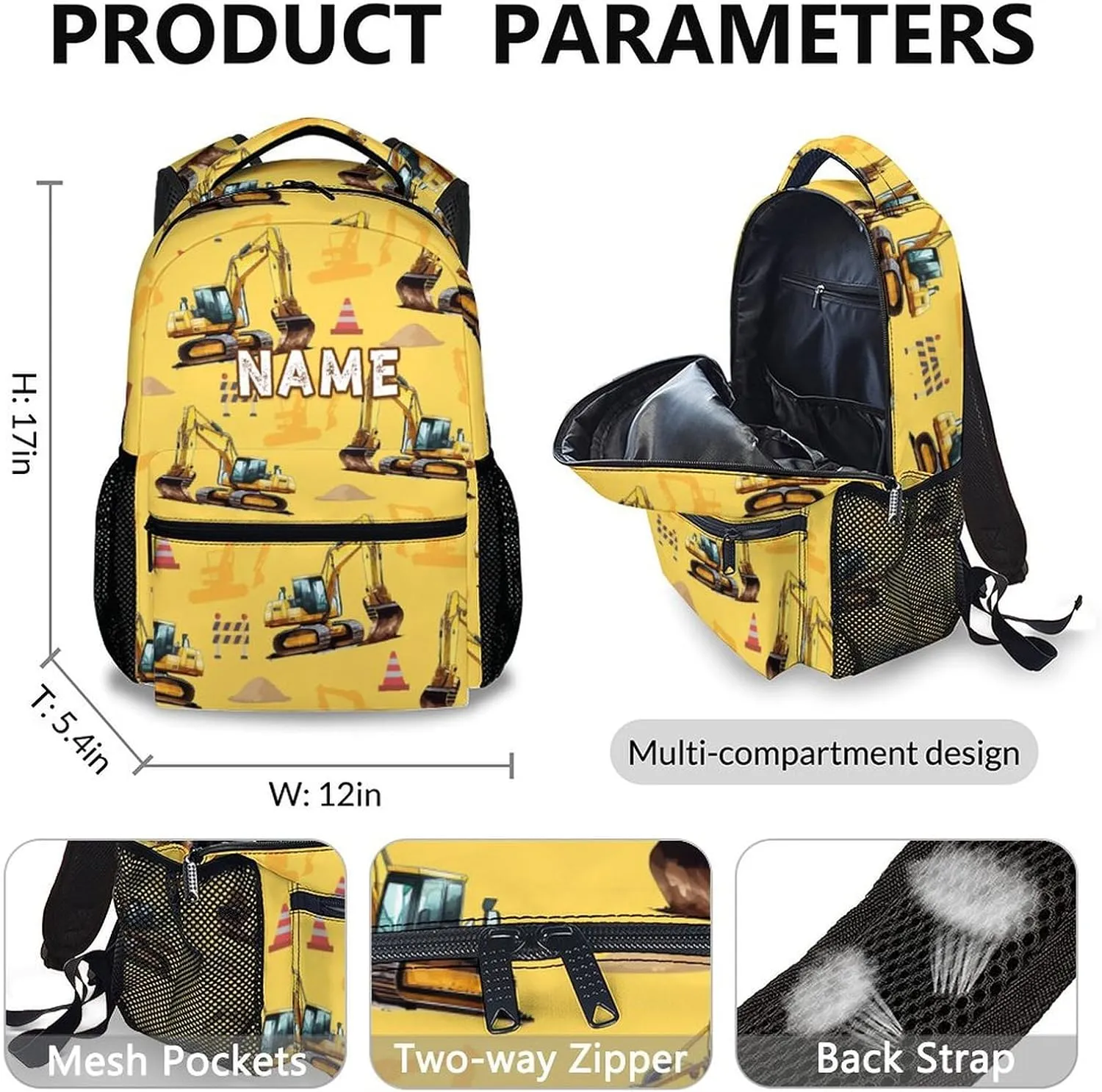 Backpack for Kids School - Set of 3 Personalized Digger Backpacks tor Schoolbag for Boys Kindergarten Elementary Primary Middle College - 17 Inch Custom Large Capacity Excavator Bookbag