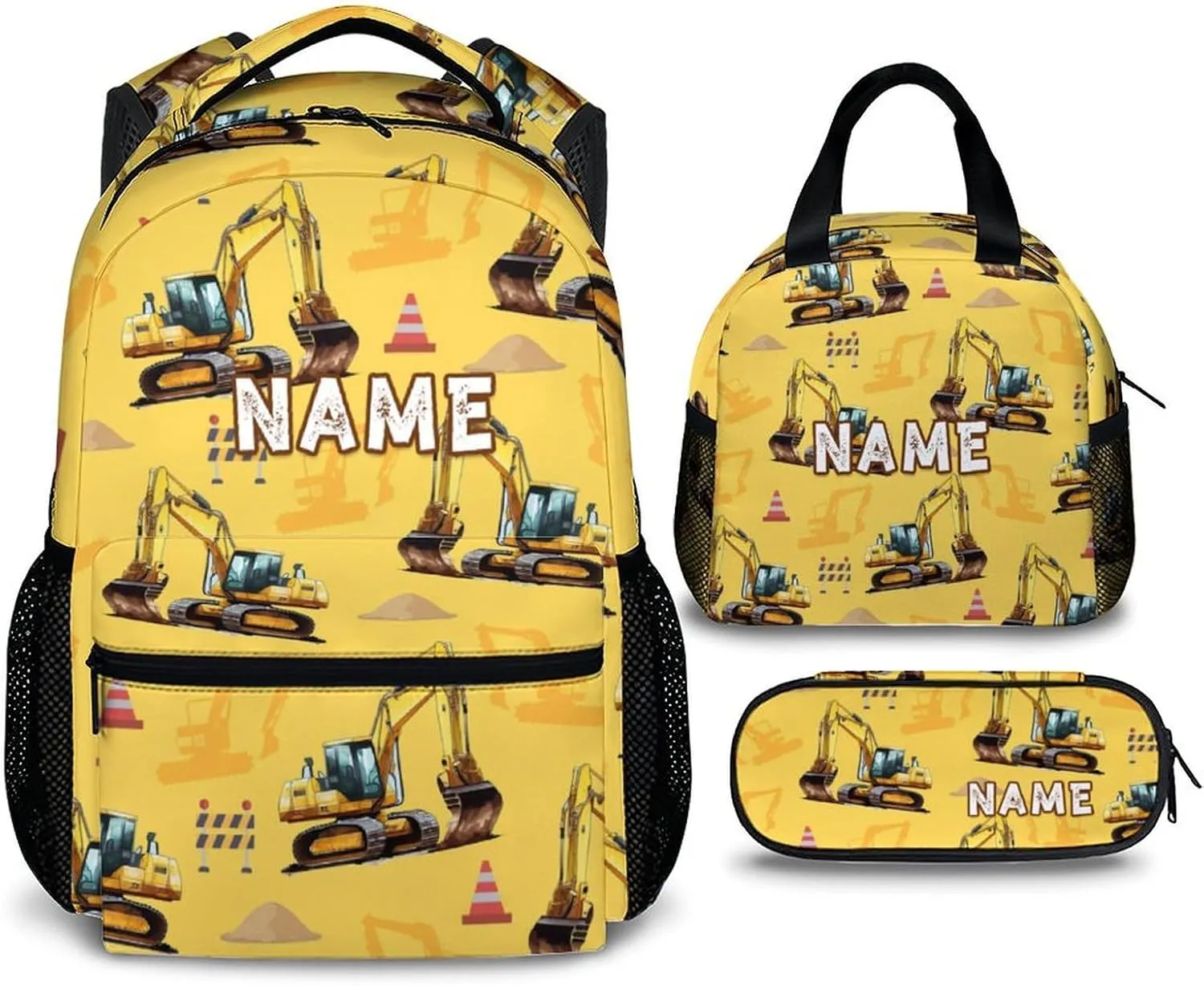 Backpack for Kids School - Set of 3 Personalized Digger Backpacks tor Schoolbag for Boys Kindergarten Elementary Primary Middle College - 17 Inch Custom Large Capacity Excavator Bookbag