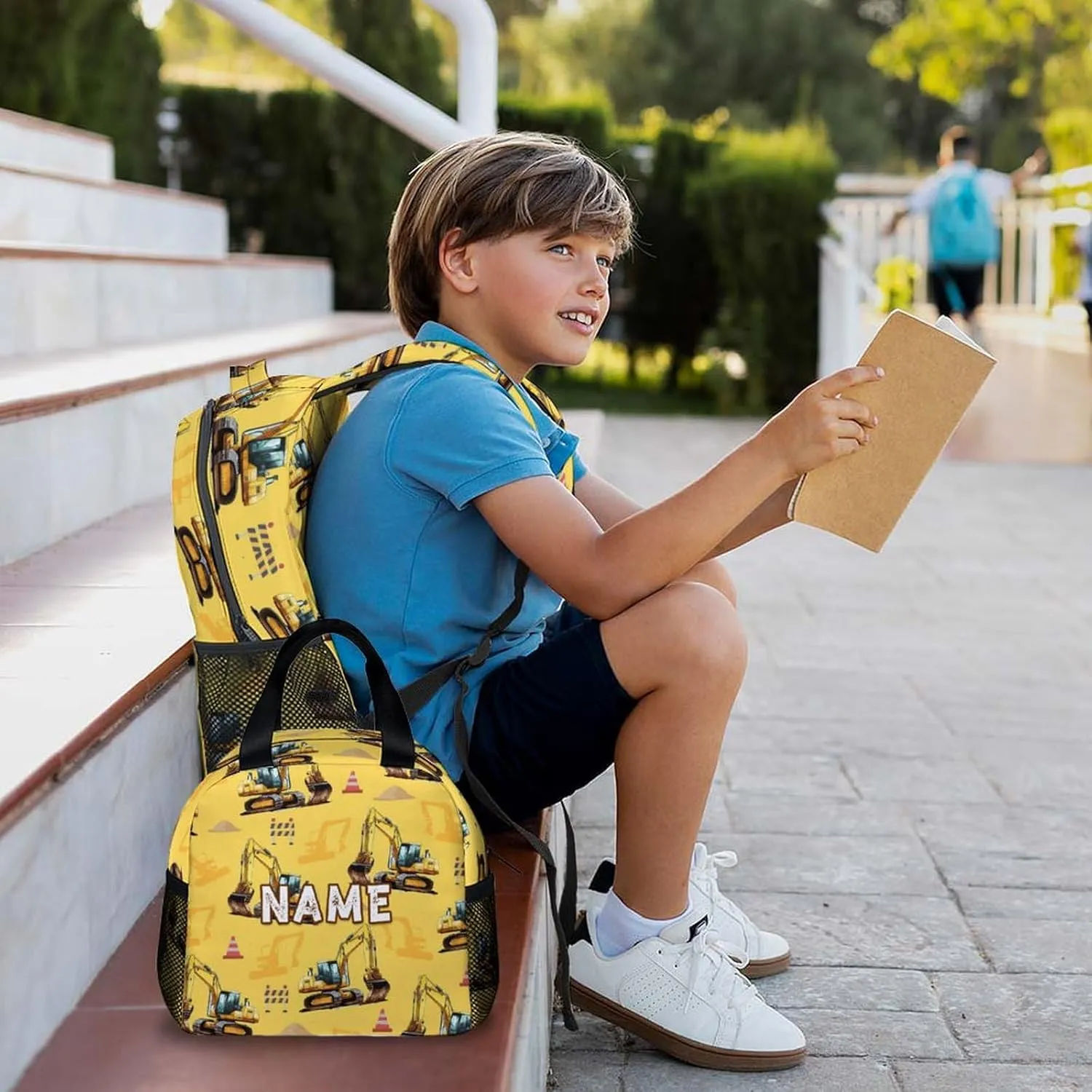 Backpack for Kids School - Set of 3 Personalized Digger Backpacks tor Schoolbag for Boys Kindergarten Elementary Primary Middle College - 17 Inch Custom Large Capacity Excavator Bookbag