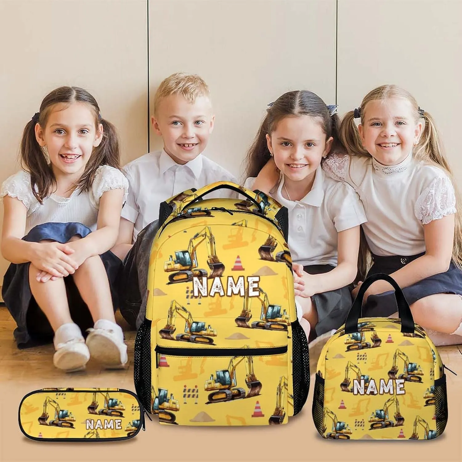Backpack for Kids School - Set of 3 Personalized Digger Backpacks tor Schoolbag for Boys Kindergarten Elementary Primary Middle College - 17 Inch Custom Large Capacity Excavator Bookbag