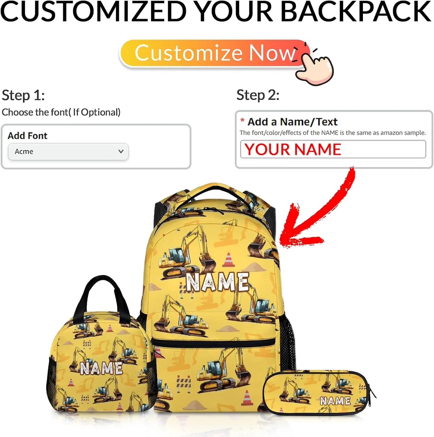 Backpack for Kids School - Set of 3 Personalized Digger Backpacks tor Schoolbag for Boys Kindergarten Elementary Primary Middle College - 17 Inch Custom Large Capacity Excavator Bookbag