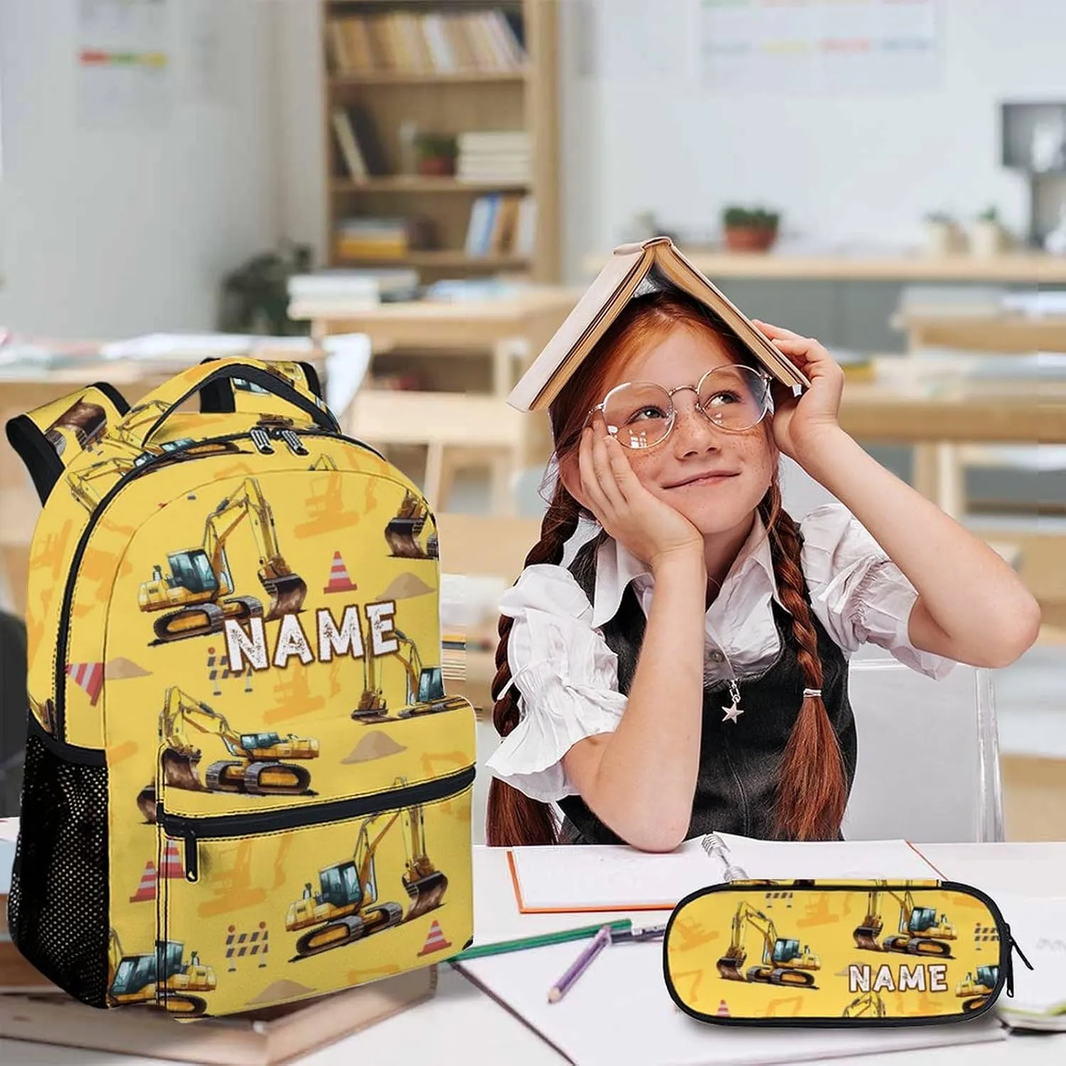 Backpack for Kids School - Set of 3 Personalized Digger Backpacks tor Schoolbag for Boys Kindergarten Elementary Primary Middle College - 17 Inch Custom Large Capacity Excavator Bookbag