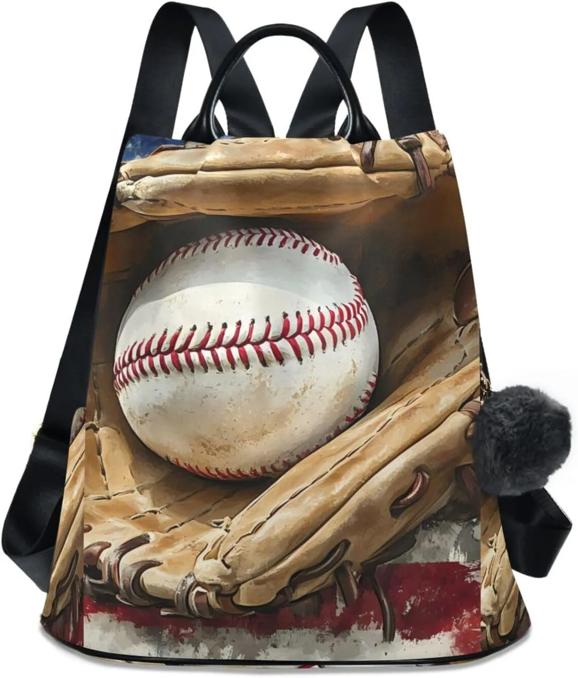 Backpack Purse for Women America Flag Baseball Gloves Nylon Anti-theft Fashion Travel Back Pack Lightweight Shoulder Bag with Plush Ball Keychain