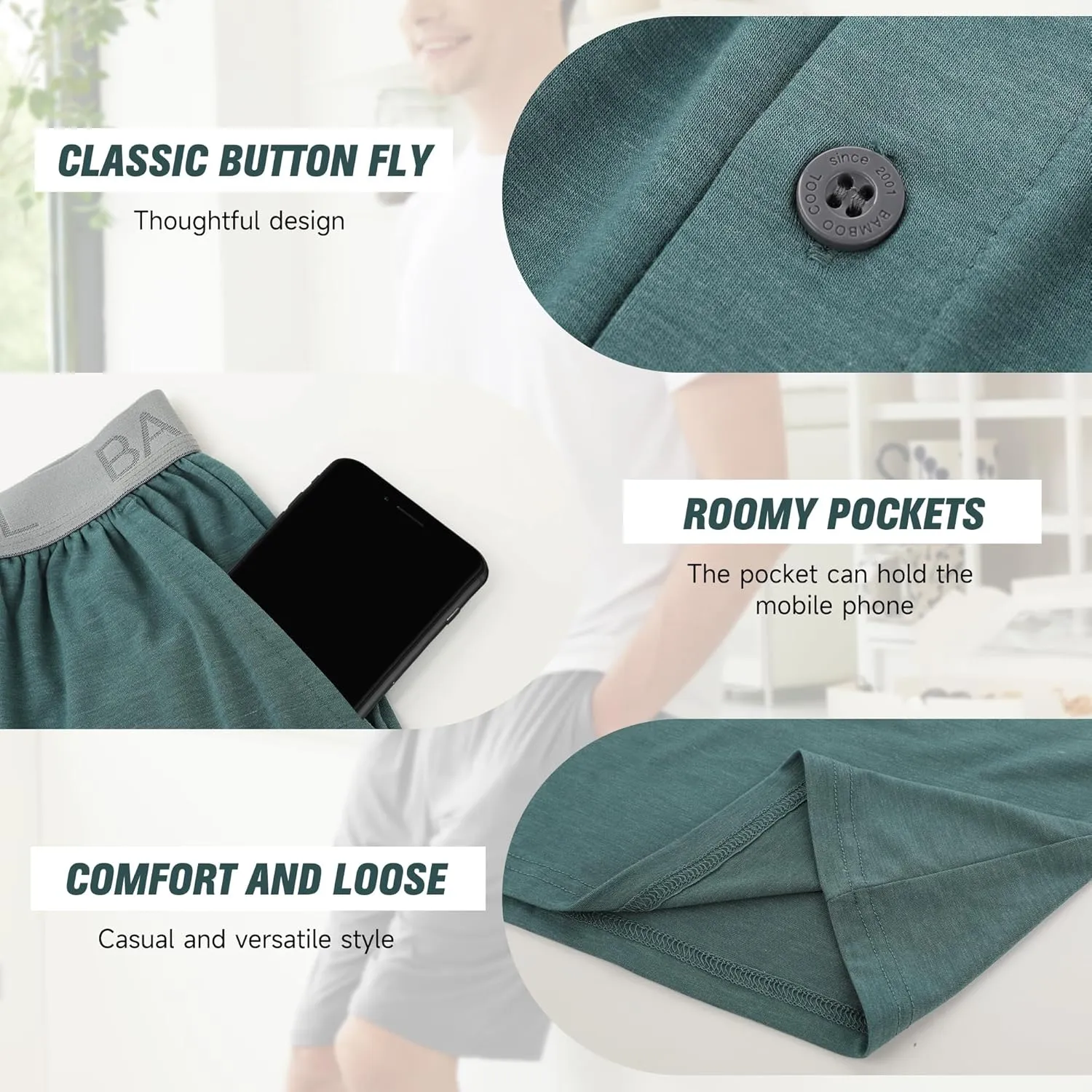 BAMBOO COOL Men's Pajama bottoms Soft Comfy Breathable Lightweight Lounge Sleepwear Pajamas Shorts with pockets 2 Pack
