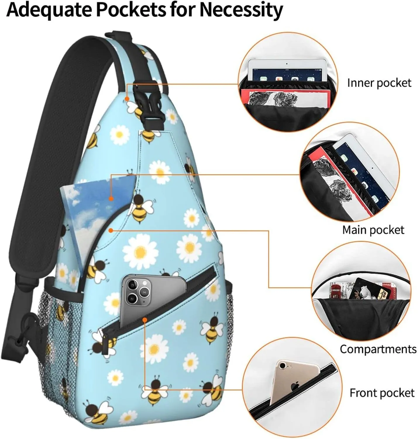 bassyil Bees Flower Sling Bag Crossbody Travel Hiking Chest Backpack Shoulder Daypack for Women Men One Size