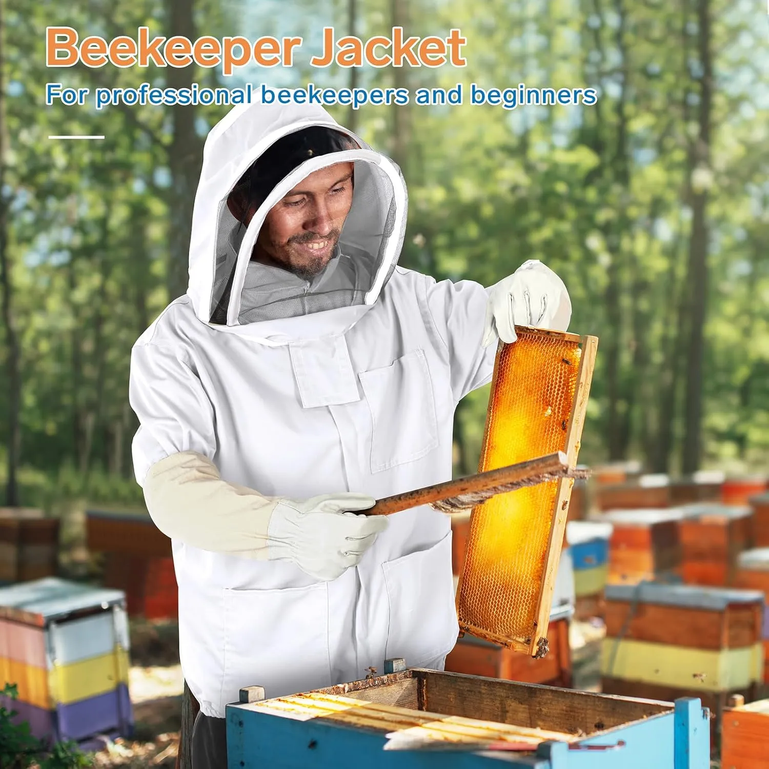 Bee Suit - Beekeeping Jacket for Men & Women - Polycotton Jacket with Beekeeping Gloves (White)