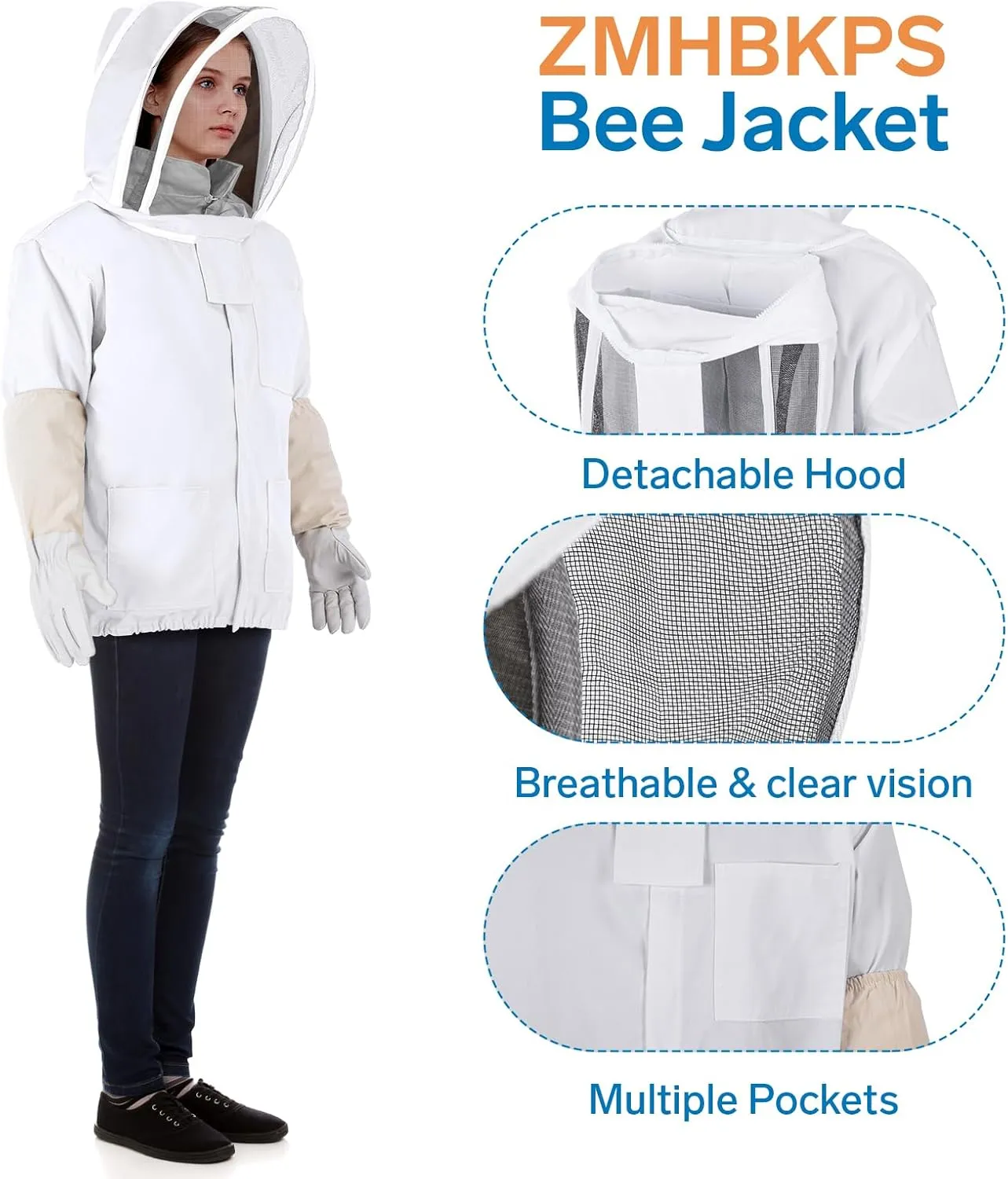 Bee Suit - Beekeeping Jacket for Men & Women - Polycotton Jacket with Beekeeping Gloves (White)