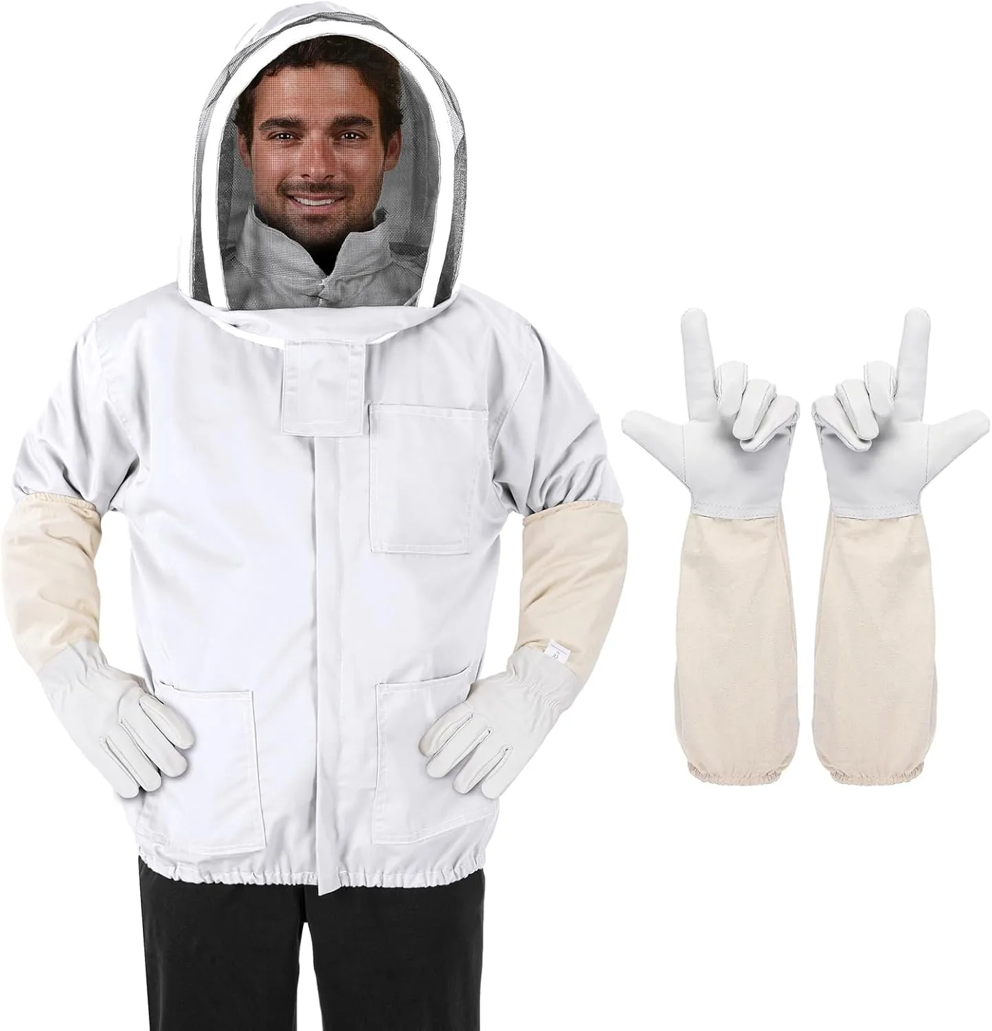 Bee Suit - Beekeeping Jacket for Men & Women - Polycotton Jacket with Beekeeping Gloves (White)